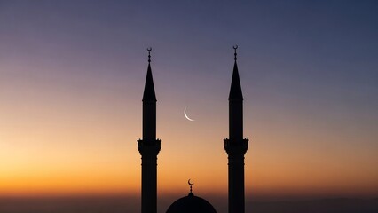 Silhouette of a Mosque at Sunset with Crescent Moon in the Sky.