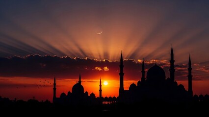 Silhouette of a mosque at sunset with radiant sun rays and dramatic sky.