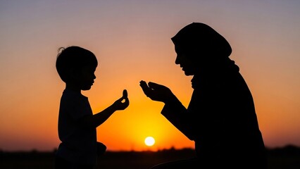 Silhouette of a mother and child at sunset, sharing a tender moment of connection and love.