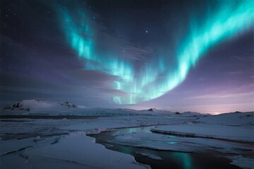 Aurora borealis illuminates a snowy Arctic landscape with vibrant green and purple hues over a frozen river and distant mountains under a starry night sky.