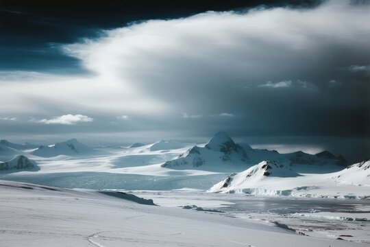 Snow-covered mountain range under dramatic clouds in a polar landscape - Powered by Adobe