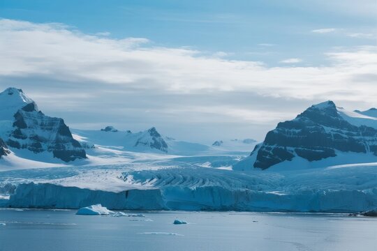 Snow-covered mountains and glaciers in a polar landscape with calm icy waters and floating icebergs under a partly cloudy sky - Powered by Adobe