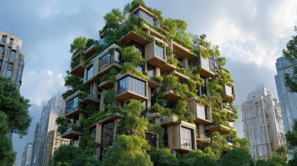 Obraz premium sustainable green building in modern city green architecture ecofriendly building sustainable residential building with vertical garden reduce co2 apartment with green environment