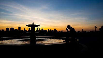 Silhouette of a Person Praying by a Fountain at Sunset with City Skyline.
