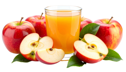 A refreshing glass of juice surrounded by whole and sliced red fruit with green leaves