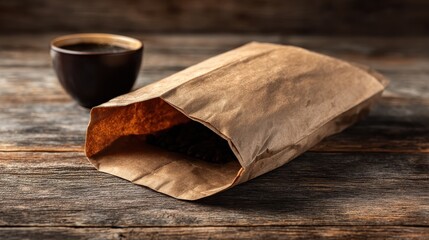 open brown paper bag on rustic wooden surface with coffee