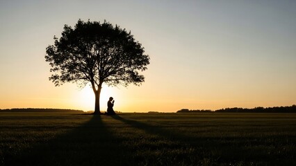 Silhouette of a person sitting under a tree during sunset, peaceful and serene.