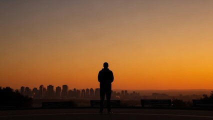 Silhouette of a person standing against a vibrant sunset over the city skyline.