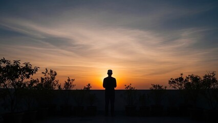 Silhouette of a person standing at sunset, contemplating the horizon and the beautiful sky.