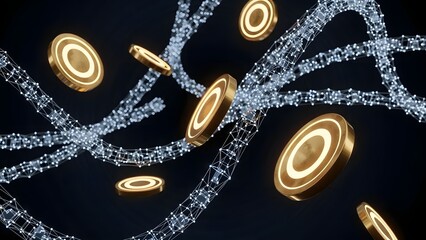 Golden coins floating amidst futuristic network connections