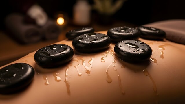 Relaxing spa treatment with hot stones on bare back