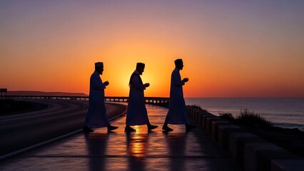 Silhouetted Figures Walking into the Sunset - A Serene Coastal Scene.