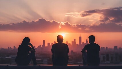 Silhouettes of Friends Watching the Sunset Over a City Skyline, Togetherness.