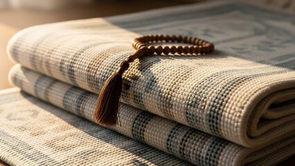 Stacked Prayer Rugs with a Rosary - A Serene and Spiritual Composition.