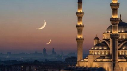 Stunning Evening View of a Mosque with Crescent Moons in the Sky.