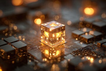 Close-up view of a glowing, translucent cube on a circuit board, with warm, golden light