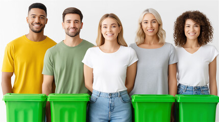 Diverse group of volunteers standing with green recycling bins, community sustainability concept promoting waste sorting, reuse and environmental responsibility, friendly teamwork.