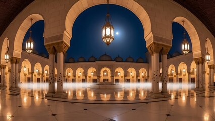 Stunning Illuminated Mosque Interior with Arches and Reflective Pool at Night.