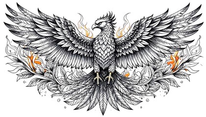 A majestic bird with outstretched wings, surrounded by flames and stylized floral patterns, depicted in intricate black and white detail