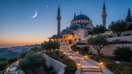 Stunning Mosque at Dusk - A Serene Architectural Masterpiece Under Crescent Moon.