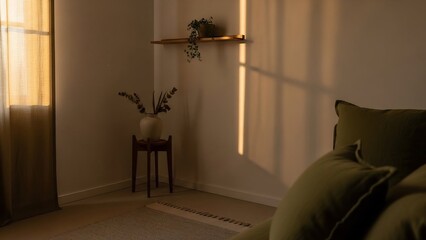 Warm interior scene with sunlight, sofa, and decorative elements creating a cozy atmosphere.