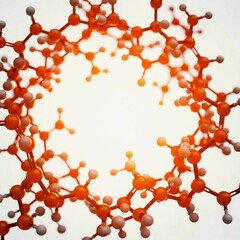 3D rendered orange molecular structure with spherical atoms forming circular frame on light background. 