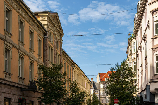 European Residential Street with Historic Architecture and Blue Sky