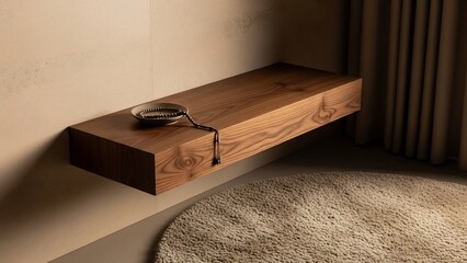 Wooden Floating Shelf with a Recessed Section and a Decorative Bowl.