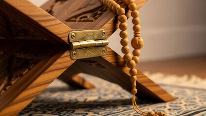 Wooden Rehal with Prayer Beads - A Symbol of Islamic Faith and Devotion.