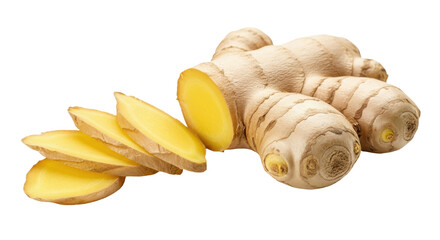 Fresh ginger root with slices a vibrant culinary ingredient on transparent background