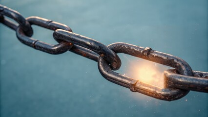 Strong metal chain link breaking with bright light symbolizing war crime amnesty hope and freedom against blue background