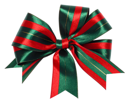 A festive, green and red striped bow with a golden accent, isolated on black - Powered by Adobe