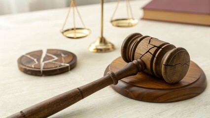 Broken gavel, war crime amnesty concept, justice scale, law book, legal system, courtroom, symbolic justice