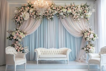 Elegant floral backdrop for a wedding ceremony.  Soft pastel colors, light, and airy