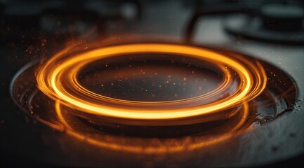 Glowing golden energy ring on stovetop, with hazy dust particles
