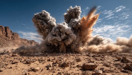 A powerful desert explosion erupts with debris and smoke under a clear blue sky
