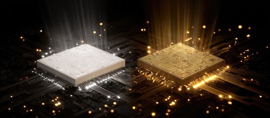 Two microchips sit illuminated by light beams on a dark circuit board, evoking a futuristic digital atmosphere