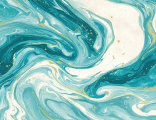 Obraz premium Swirling teal, gold, and white fluid abstract art with marbled appearance and delicate details