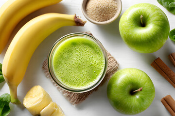 Healthy green smoothie made with fresh ingredients on a wooden table