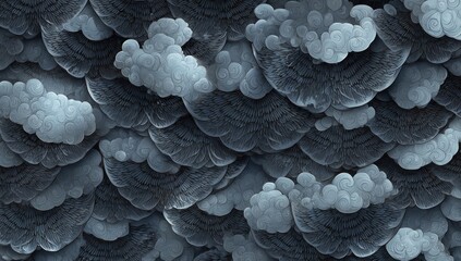 A seamless illustration showing stylized, layered clouds in varying shades of gray, creating depth and texture