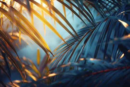 A close-up of backlit palm fronds creating an abstract and inviting atmosphere
