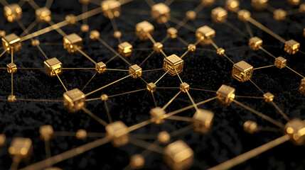 Golden network connections on dark background for tech concepts