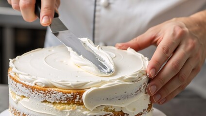Spreading buttercream icing on a homemade sponge cake using a spatula in a bakery kitchen. Photography for advertising about food, cooking, and professional pastry chefs.
