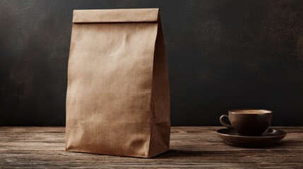 open brown paper bag on rustic wooden surface with coffee
