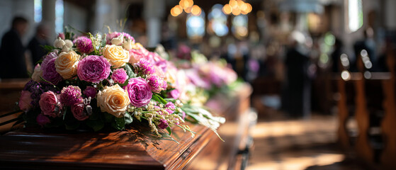 Casket adorned with vibrant pink and yellow flowers in a church setting during a funeral service