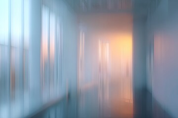 Blurred corridor bathed in ethereal light, leading toward a warm, golden illumination at the end