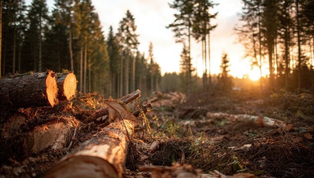 Deforested area with logs piled up under warm sunset light