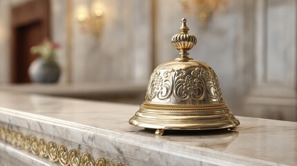 a shiny ornate bell on a marble reception desk in a luxurious hotel lobby