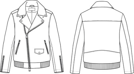 Classic Motorcycle Biker Jacket Technical Flat Sketch with Wide Lapel Asymmetrical Zip Closure Shoulder Epaulets and Ribbed Hem Vector Illustration