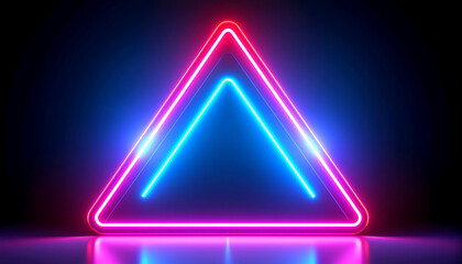 Neon triangle light with glowing blue and pink colors on dark background creating vibrant reflection